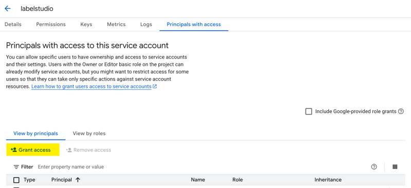 Screenshot of grant access button